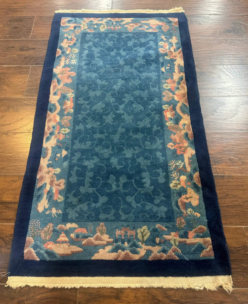 Blue Chinese Wool Rug 2.5 x 4, Peking Rug, Fete Rug, Semi Antique Chinese Carpet by Jewel Rugs