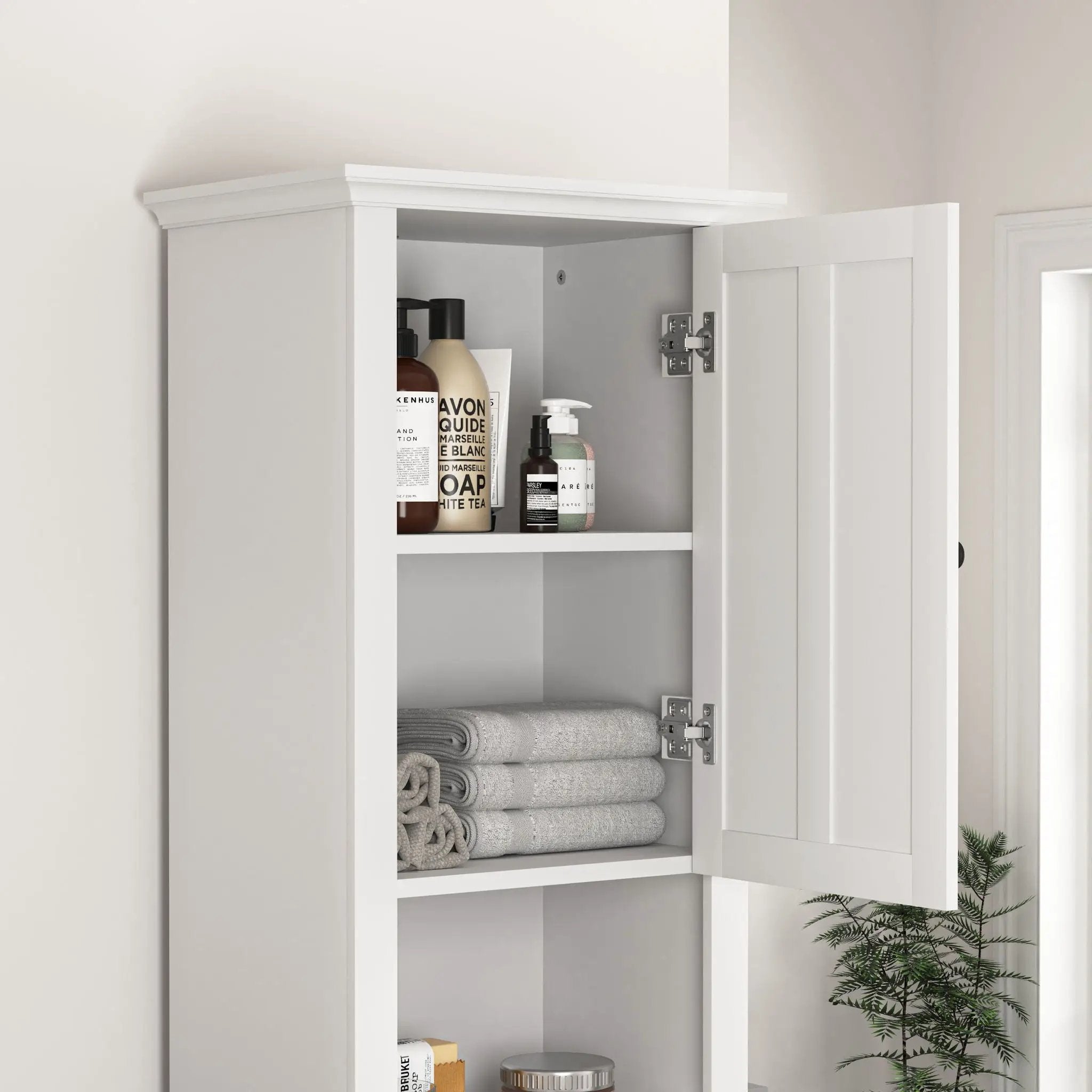 Wooden Bathroom Floor Storage Cabinet With 2 Doors And 6 Shelves - White by HouseOfZazla
