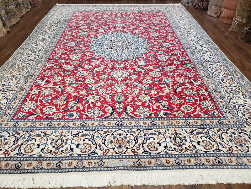 Persian Nain Rug 8x12, Red and Ivory, Signed by Jewel Rugs