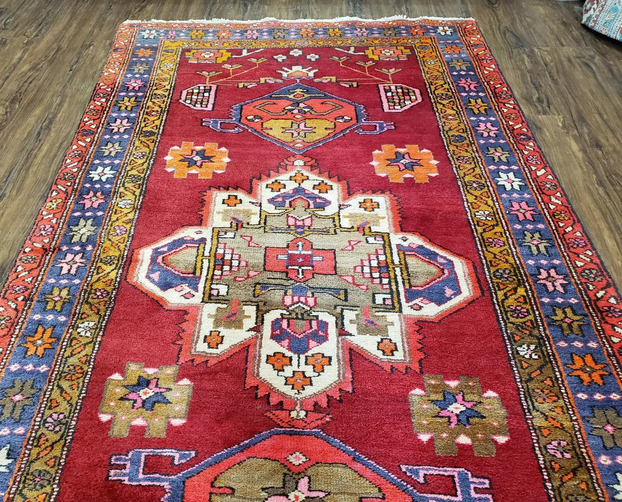 Antique Persian Karajeh Runner Rug 4.4 x 11 ft, Red Colorful Geometric Medallion Runner by Jewel Rugs