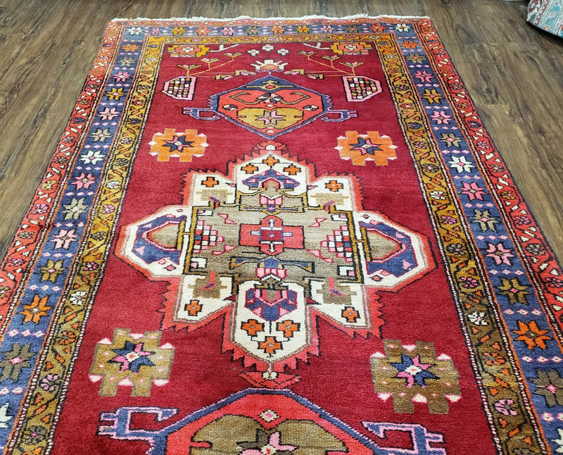 Antique Persian Karajeh Runner Rug 4.4 x 11 ft, Red Colorful Geometric Medallion Runner by Jewel Rugs