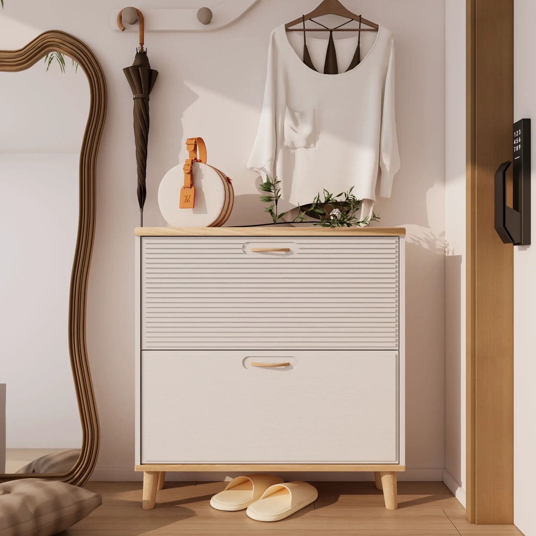 Narrow - Entryway Shoe Storage Cabinet With 2 Flip Drawers Legs - Natural / White by HouseOfZazla