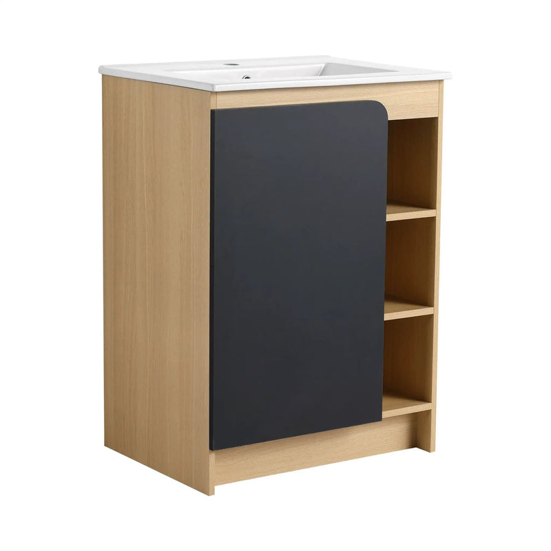 Freestanding Bathroom Vanity With Thin Rim Sink, Single Door With 4 Tier Open Shelves - Light Oak / White by HouseOfZazla