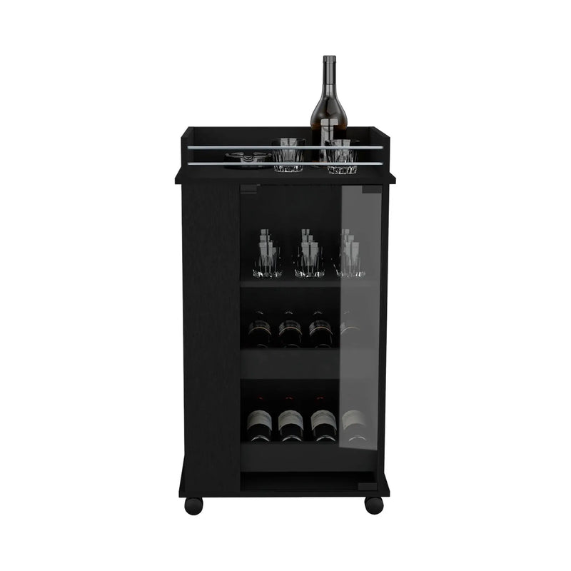 Bar Cart With Glass Door, 2 Side Shelves And Casters - Black by Unique Piece Furniture