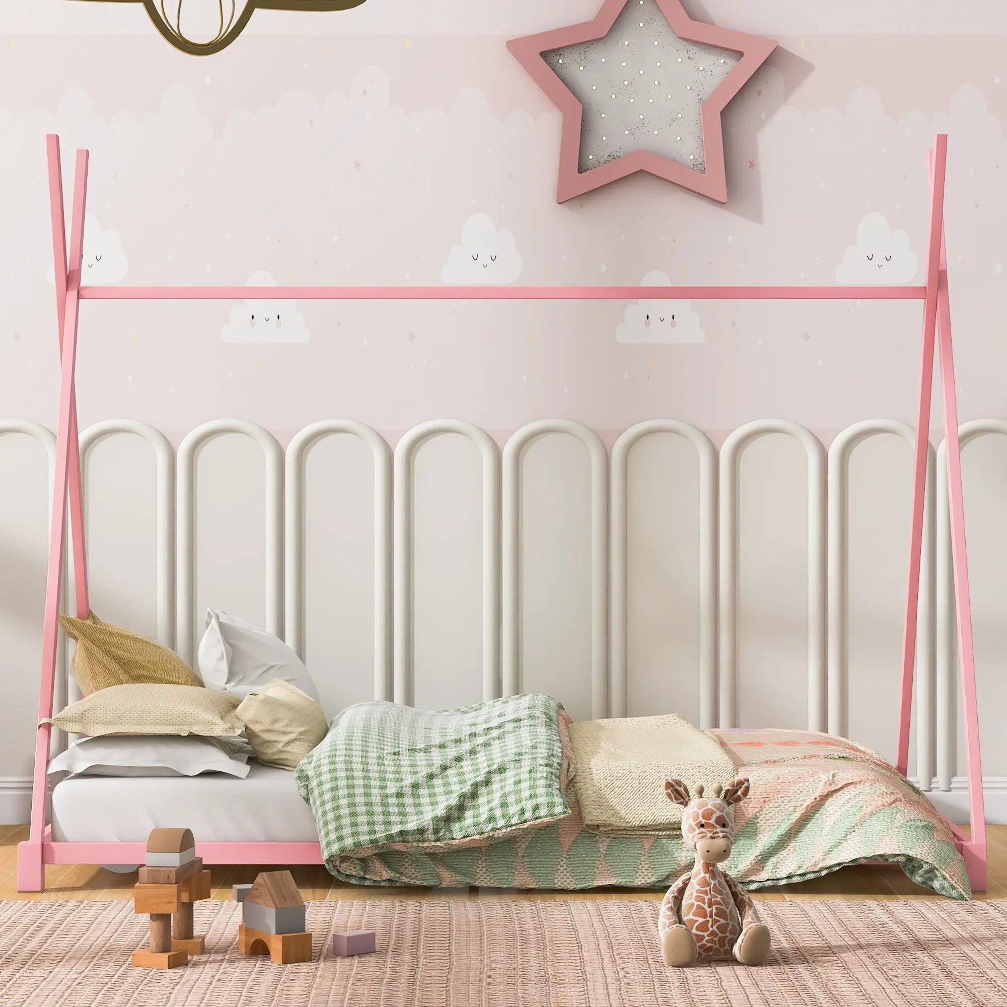 Metal House Platform Bed With Triangle Structure, Low Profile Design