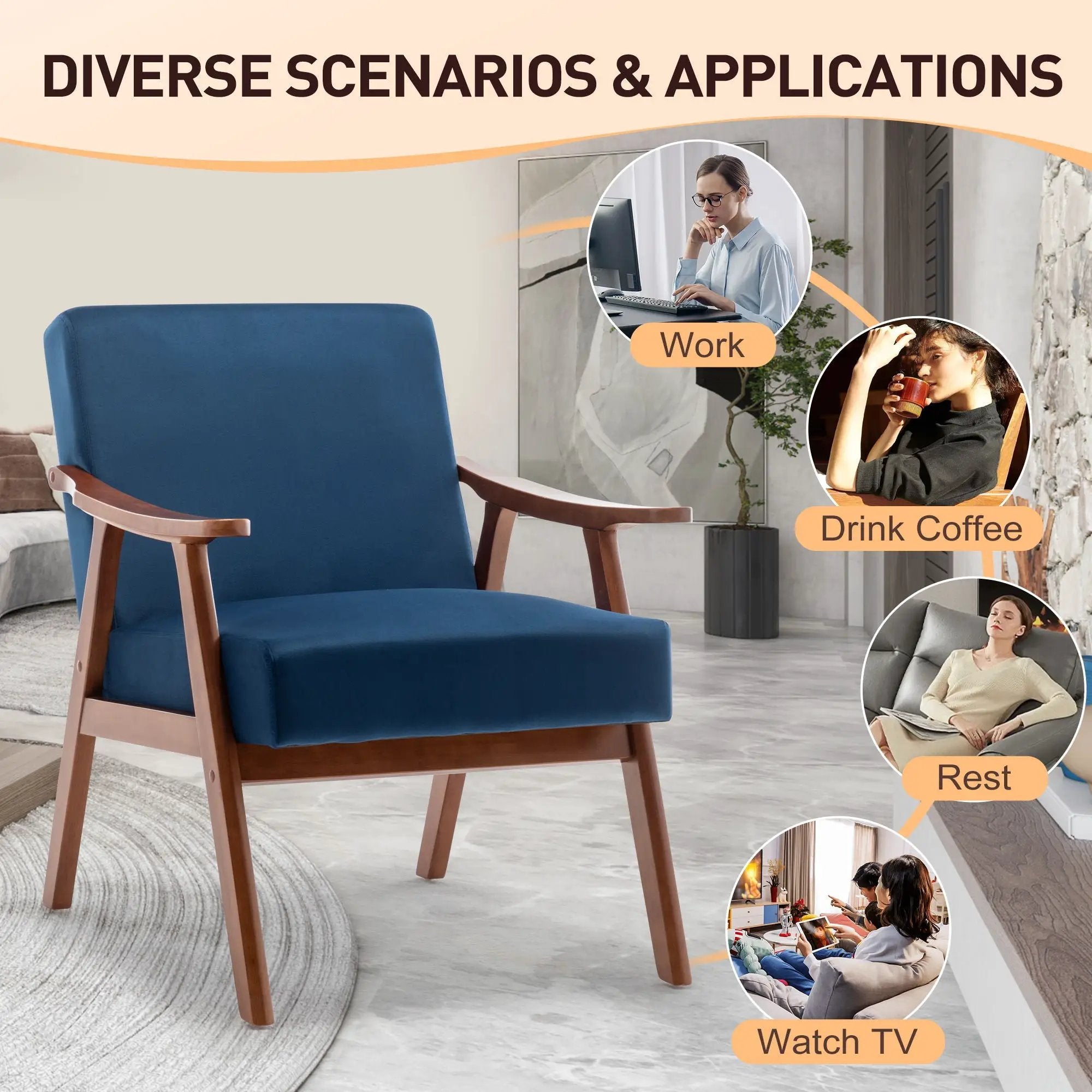 Mid Century Modern Accent Chair With Solid Wood Frame And Extra Thick Backrest by Unique Piece Furniture
