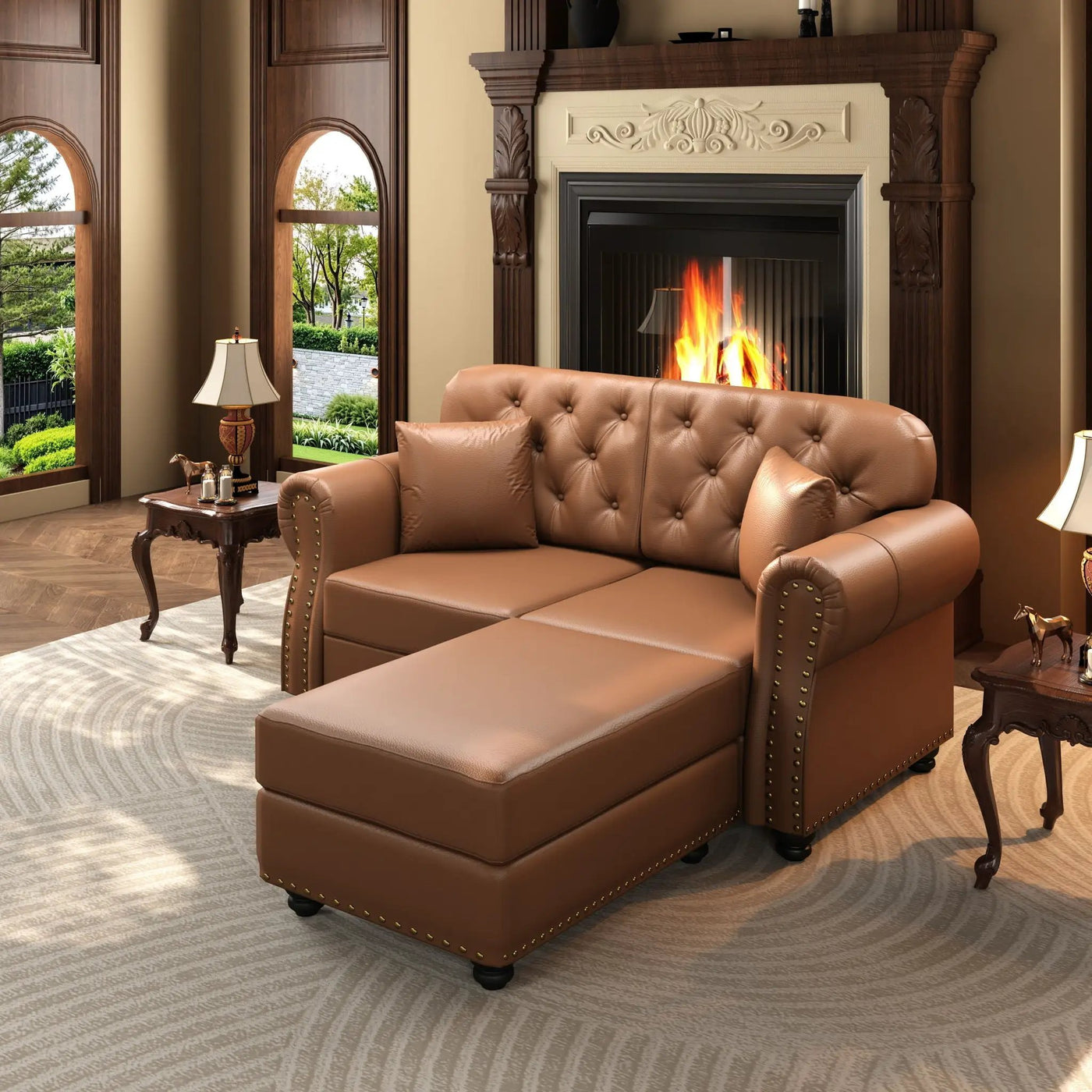Upholstered Sofa With Nailhead Trim, Rolled Armrests With Ottoman by HouseOfZazla