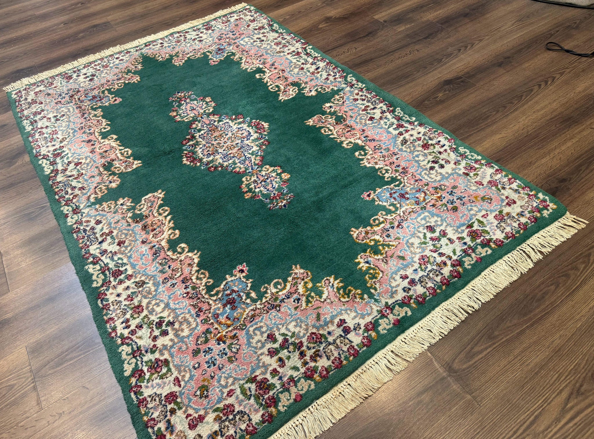 Persian Kerman Rug 4x6, Green Ivory Pink, Wool Vintage, Semi Open Field by Jewel Rugs