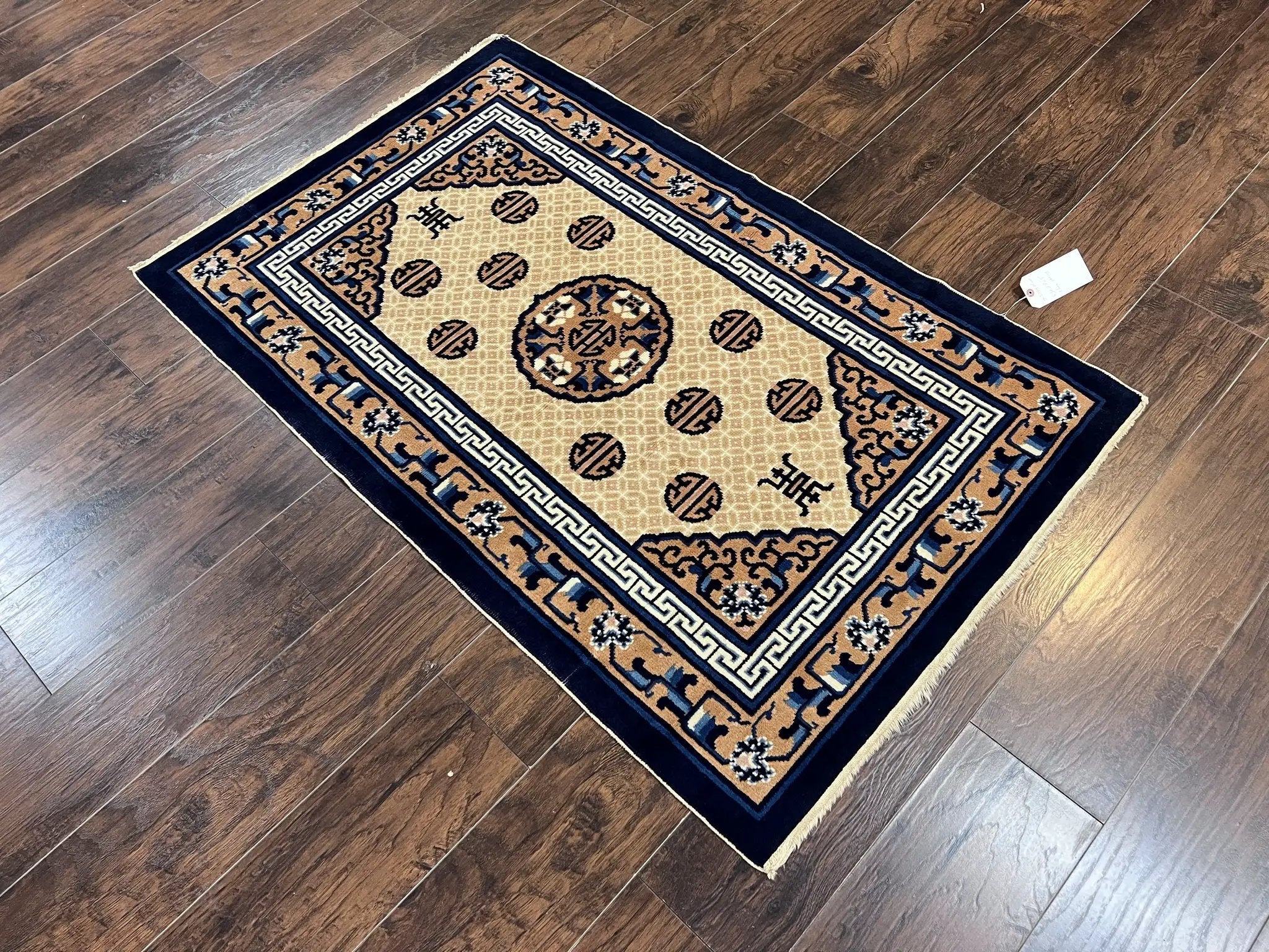 Chinese Peking Rug 3x5, Antique Chinese Art Deco Carpet, Blue Ivory Tan, Hand Knotted Wool Asian Oriental Rug 3 x 5 Vintage Small Peking Rug by Jewel Rugs