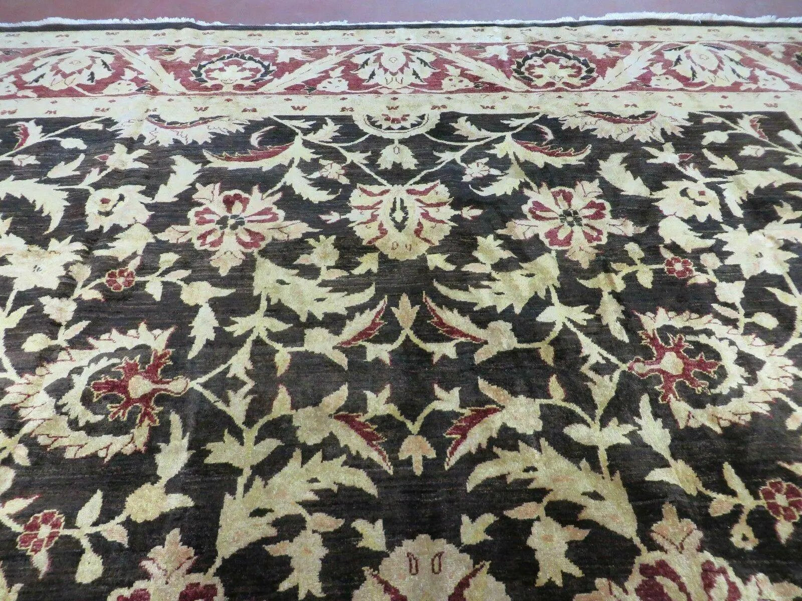 11' X 15' Vintage Hand Knotted Indian Agra Wool Rug Hand Made Dark Brown Floral by Jewel Rugs