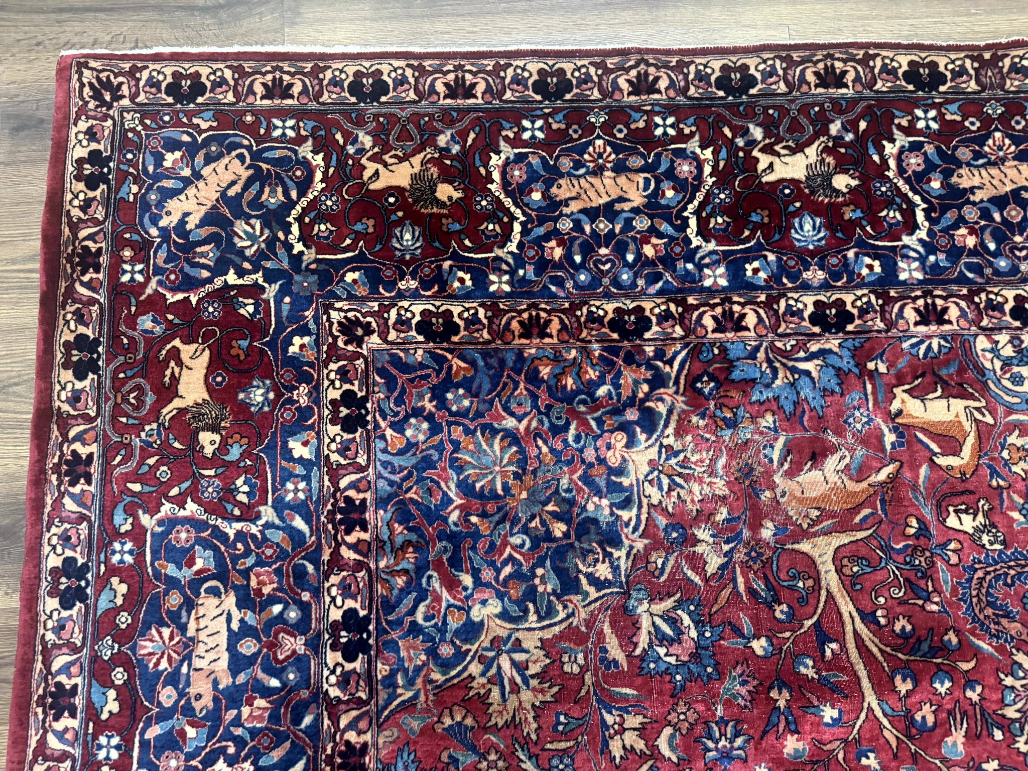 Antique Indo Persian Kerman Rug 9x12 Red Manchester Wool Animal Pictorials, Fine 290 KPSI by Jewel Rugs