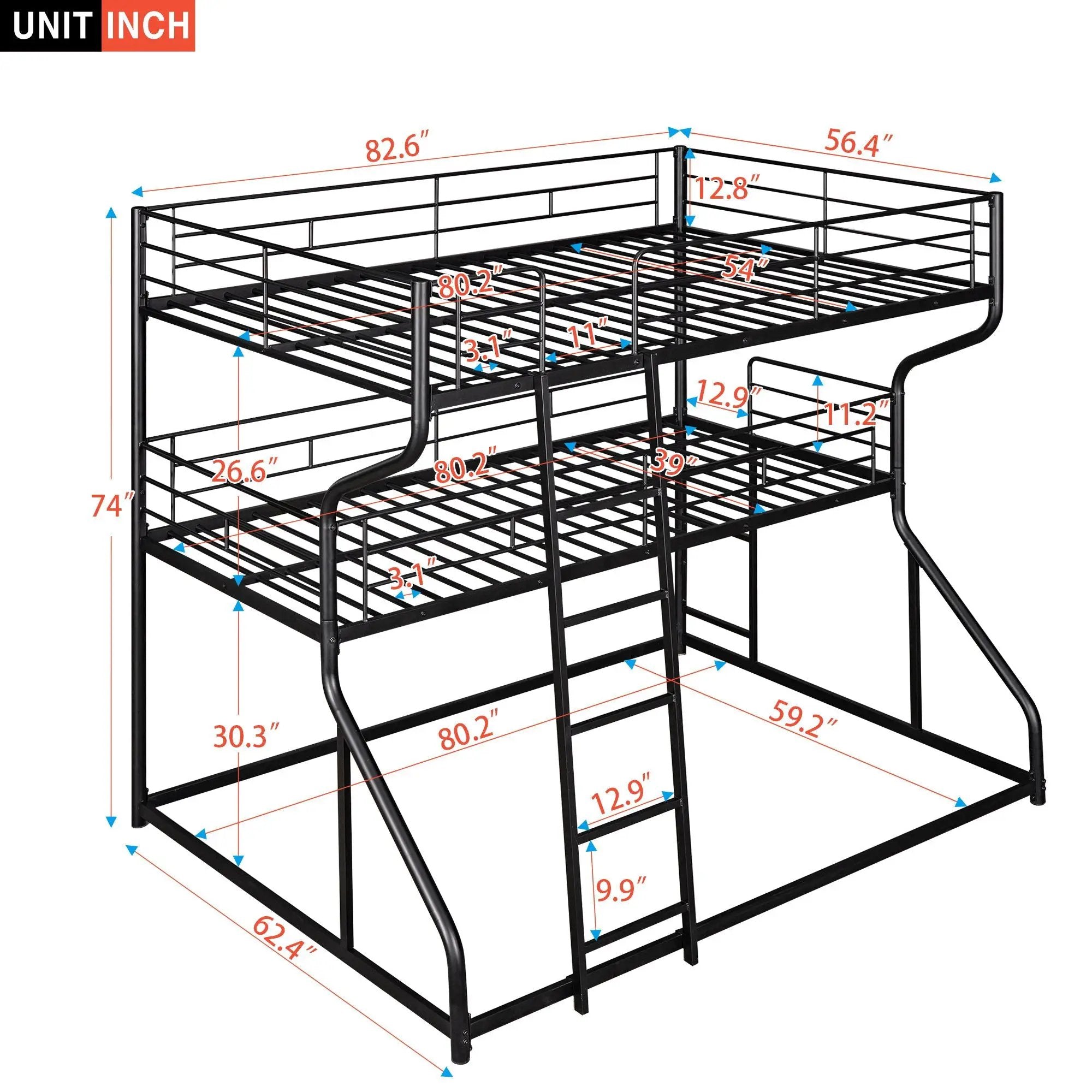 Industrial Triple Bunk Bed With Dual Ladders Frame, Space Saving Design by Unique Piece Furniture