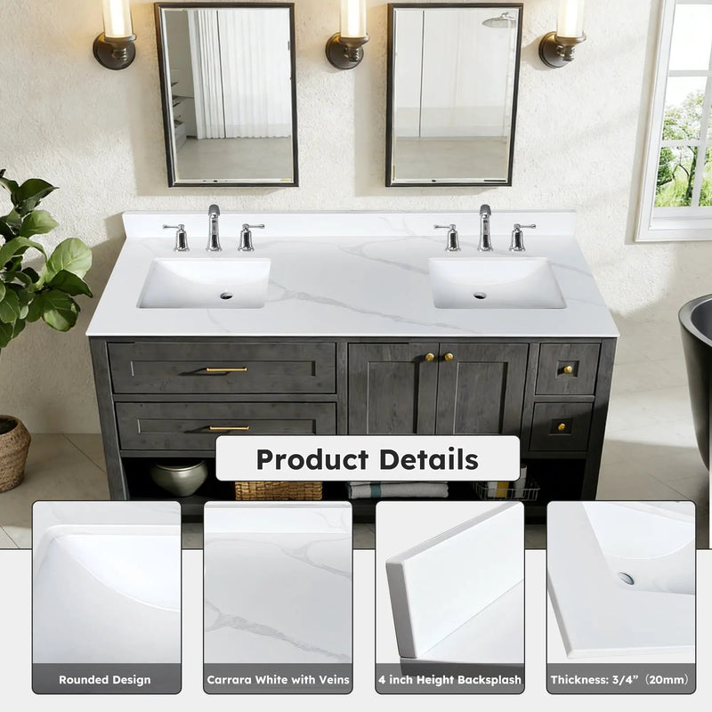 61-Inch Quartz Double Bathroom Vanity Top by HouseOfZazla