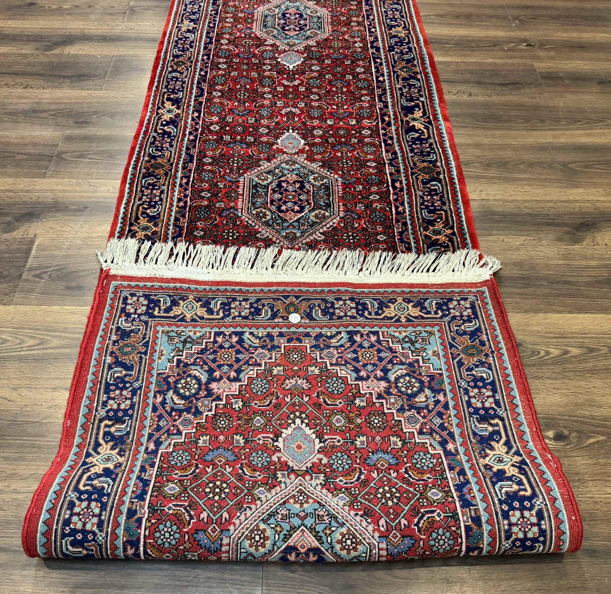 Indo Persian Bidjar Runner Rug 3 x 18.6, Red Navy Blue, Long Runner, Wool Oriental Carpet by Jewel Rugs
