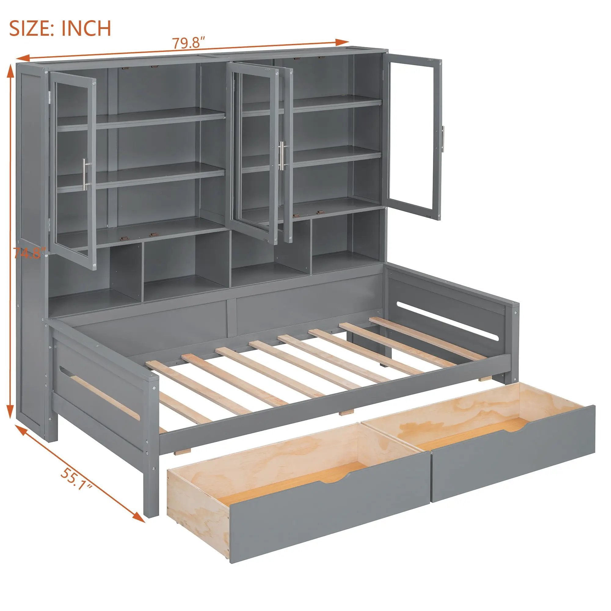 Daybed With Glass Door Storage Cabinets, Built In LED Lighting And Shelves by Unique Piece Furniture