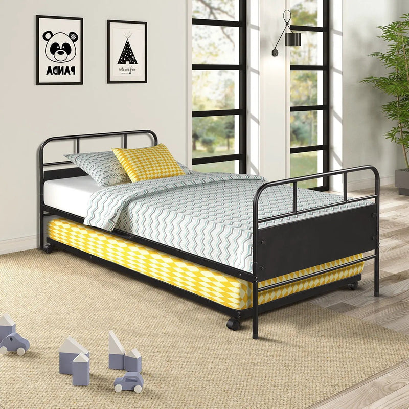 Twin Size Daybed Platform Bed Frame With Trundle Built In Casters - Black by HouseOfZazla