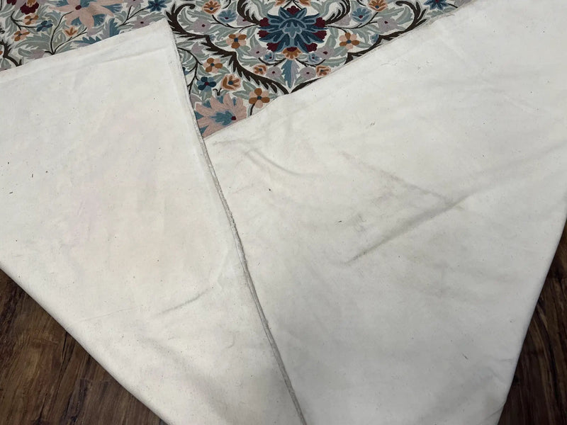 Chain Stitched Rug 9x12 Vintage Carpet 9 x 12 Flatweave Rug, Ivory Teal Rug, Area Rug 9 by 12, Hand Stitched Rug, Medallion, Indian Rug by Jewel Rugs