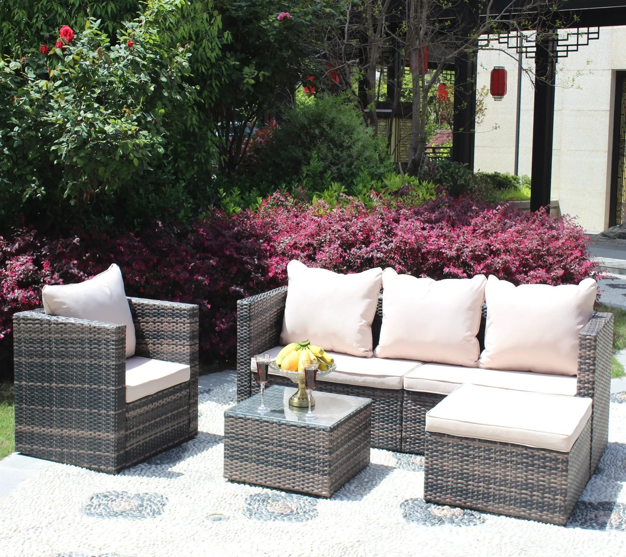 Rattan Patio Furniture Set Wicker Sofa Cushioned Sectional (4 Pieces, Brown) by HouseOfZazla