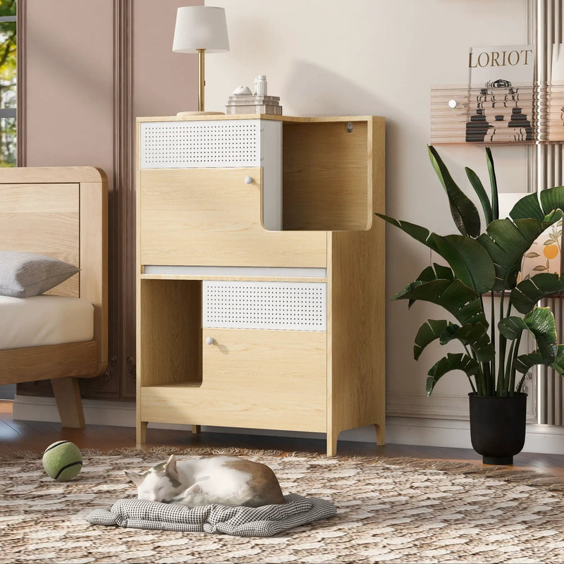 Furniture Style Multi Use Natural Cat Litter Box House With Flip Down Door - Natural by HouseOfZazla