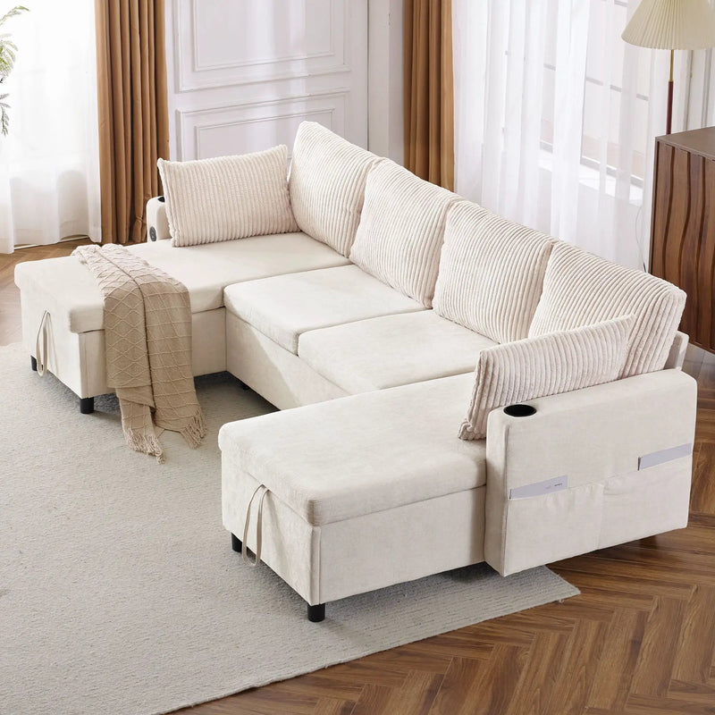 Sectional Sofa Bed With Pull Out Sleeper, USB Ports, Cup Holders by HouseOfZazla