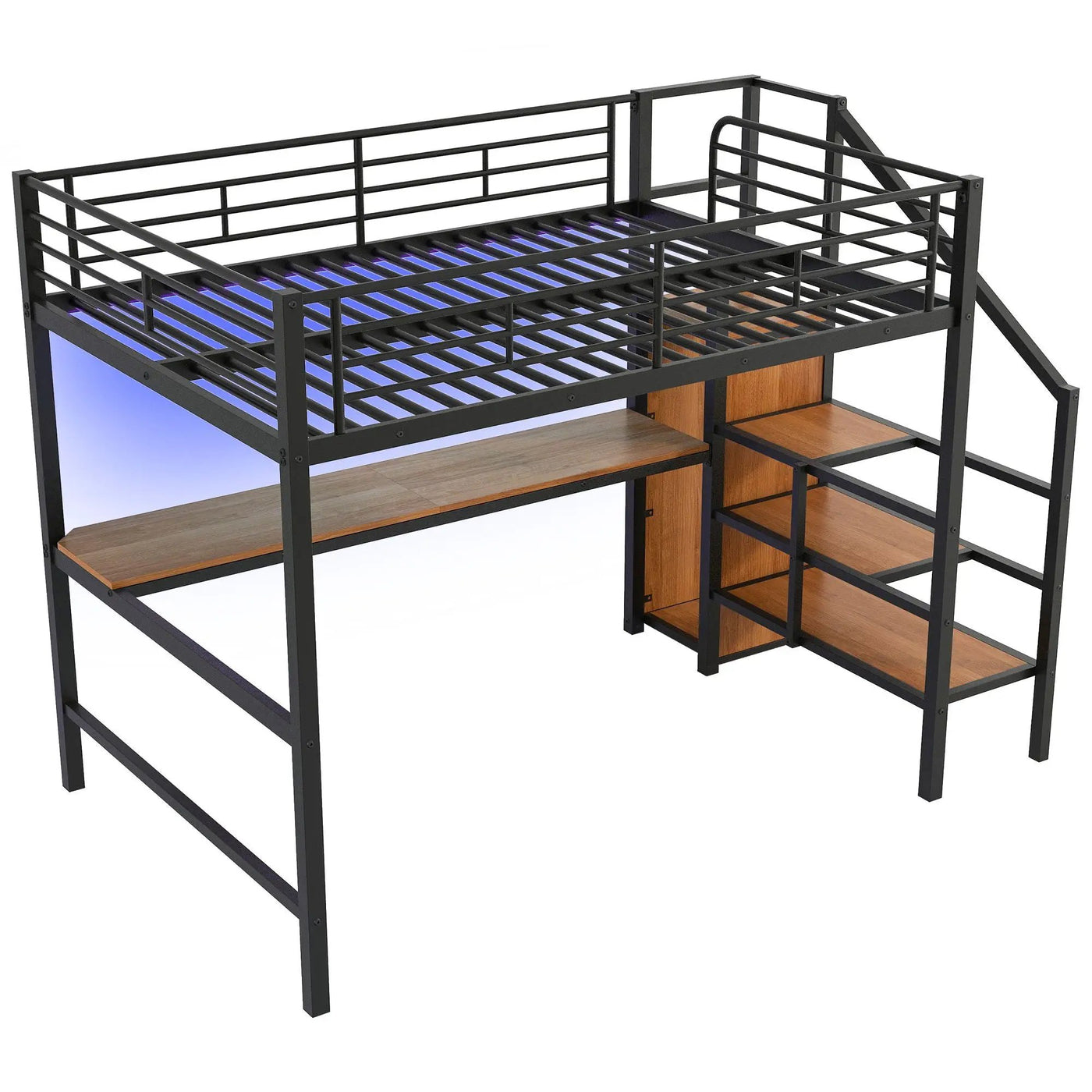 Loft Bed With Desk, Storage Staircase, Small Wardrobe And LED Light by HouseOfZazla