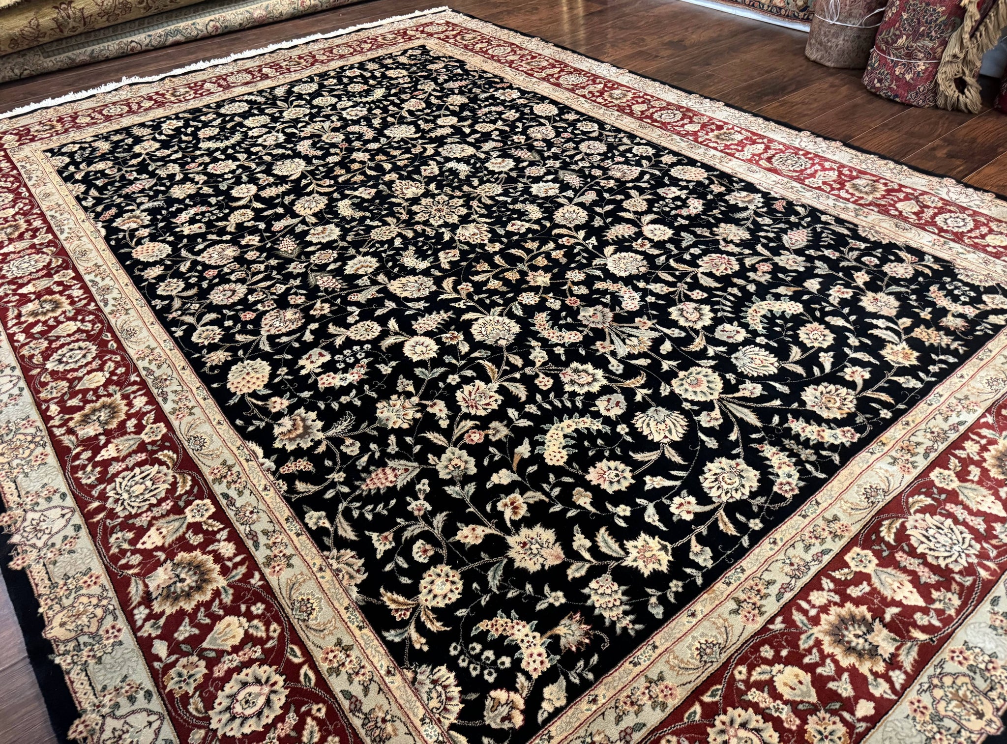 Sino Persian Rug 9x12, Fine Elegant Oriental Carpet 200 KPSI, Black and Dark Red, Allover Floral by Jewel Rugs