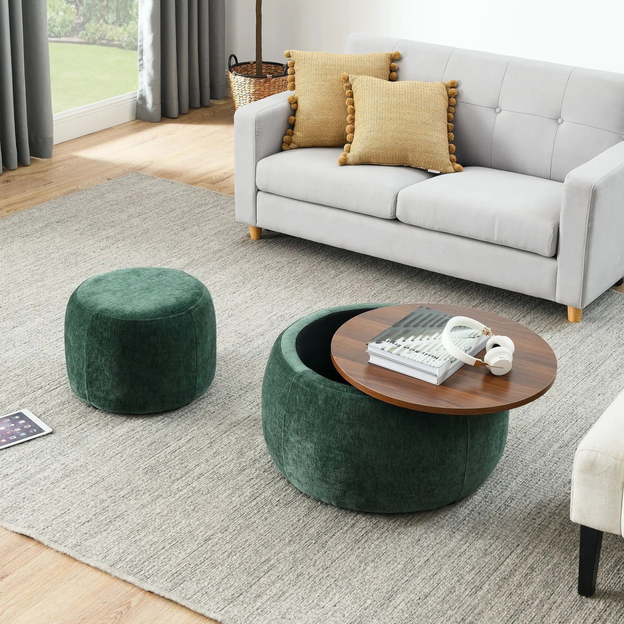 Round Storage Ottoman, 2 In 1 Function, End Table And Ottoman by Unique Piece Furniture