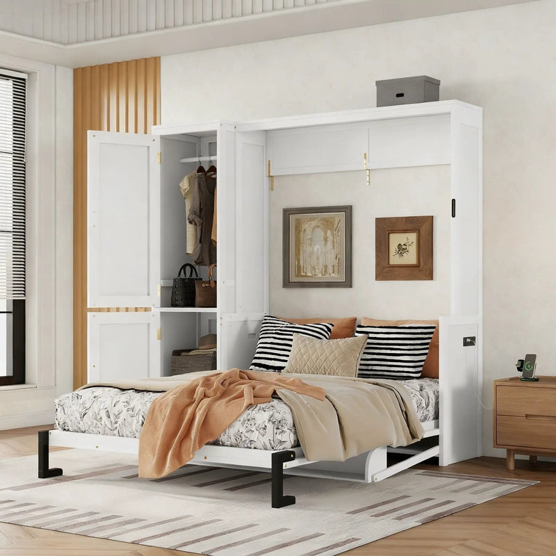 Queen Size Murphy Bed With Wardrobe, Space-Saving Hidden Wall Bed With Desk And Charging Station - White by Unique Piece Furniture