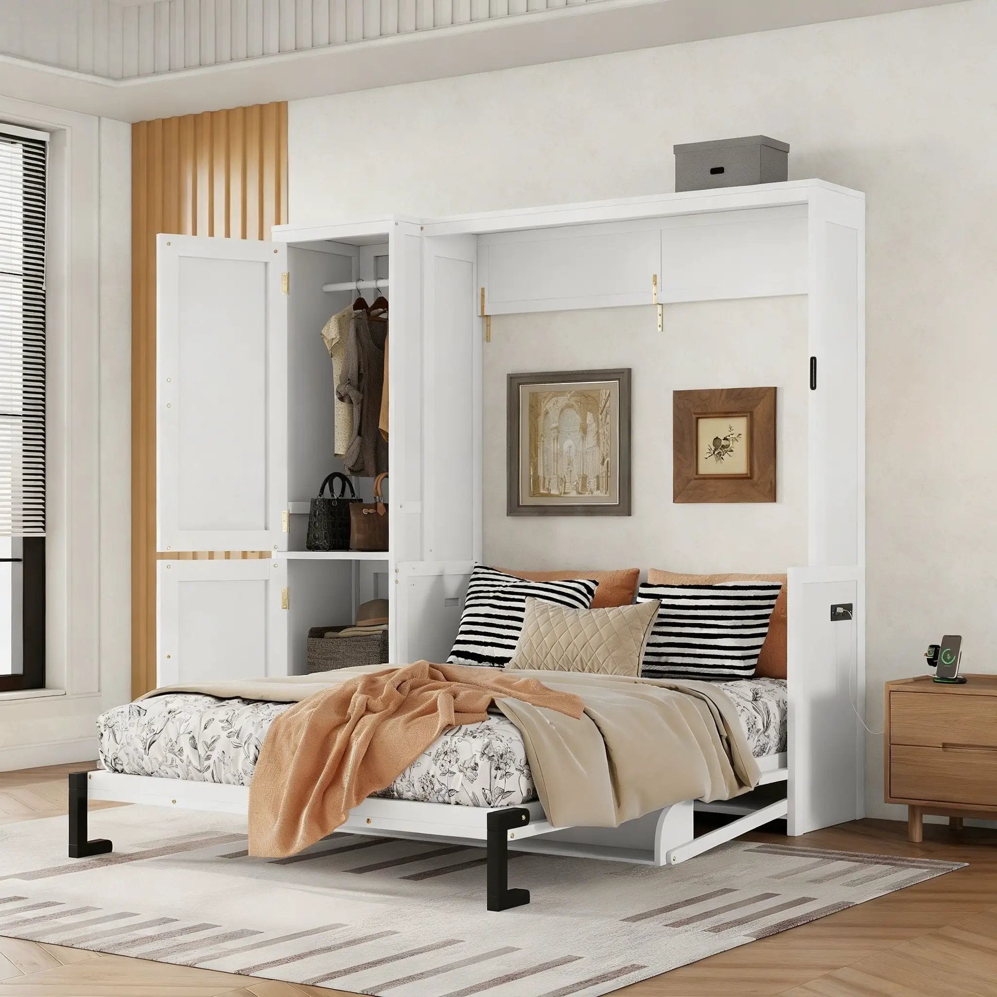 Queen Size Murphy Bed With Wardrobe, Space-Saving Hidden Wall Bed With Desk And Charging Station - White