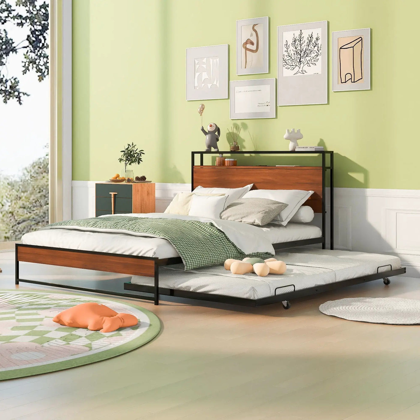Platform Bed Frame With Trundle, USB Ports And Slat Support, No Box Spring Needed by Unique Piece Furniture