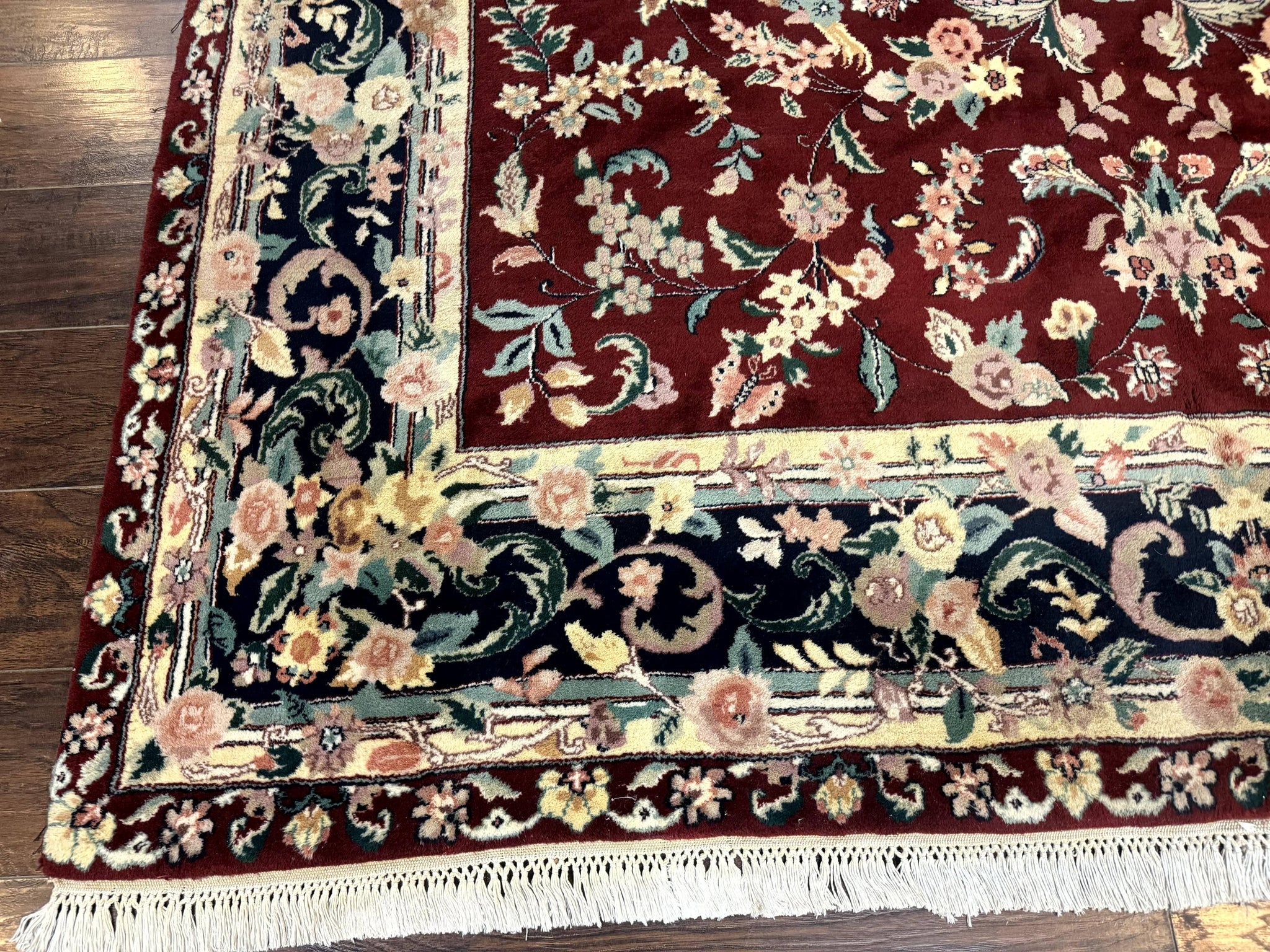 Indo Persian Rug 8x10, Floral Allover with Bird Pictorials, Maroon and Navy Blue, Handmade Wool Area Rug by Jewel Rugs