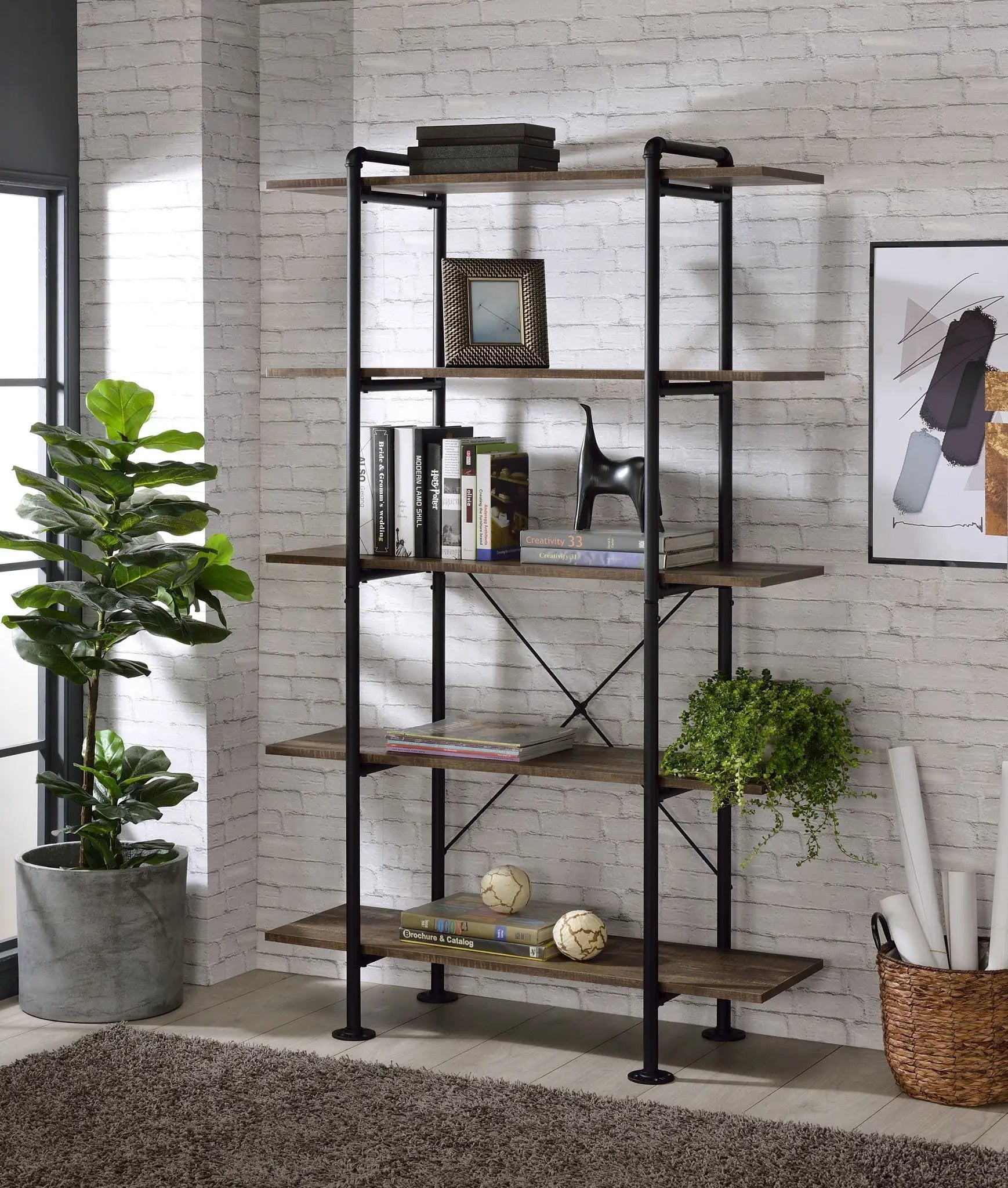 Nefo - Bookshelf - Rustic Oak & Black by Unique Piece Furniture
