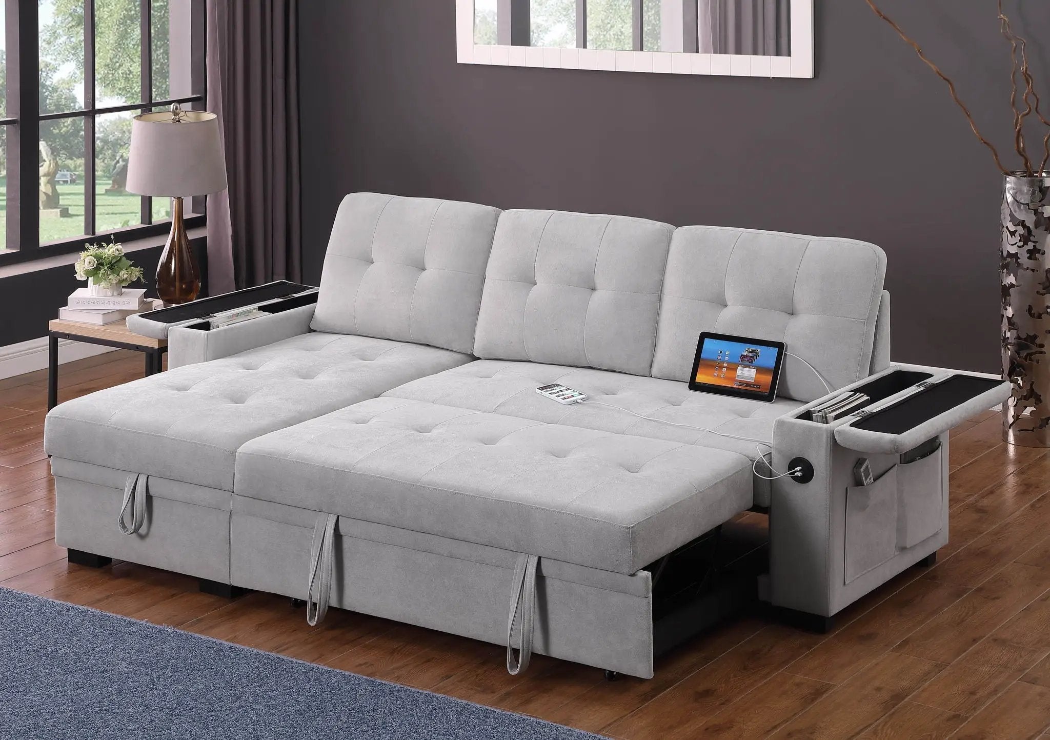 Ashlyn II - 84"W Woven Fabric Reversible Sleeper Sectional Sofa with Storage Chaise by HouseOfZazla