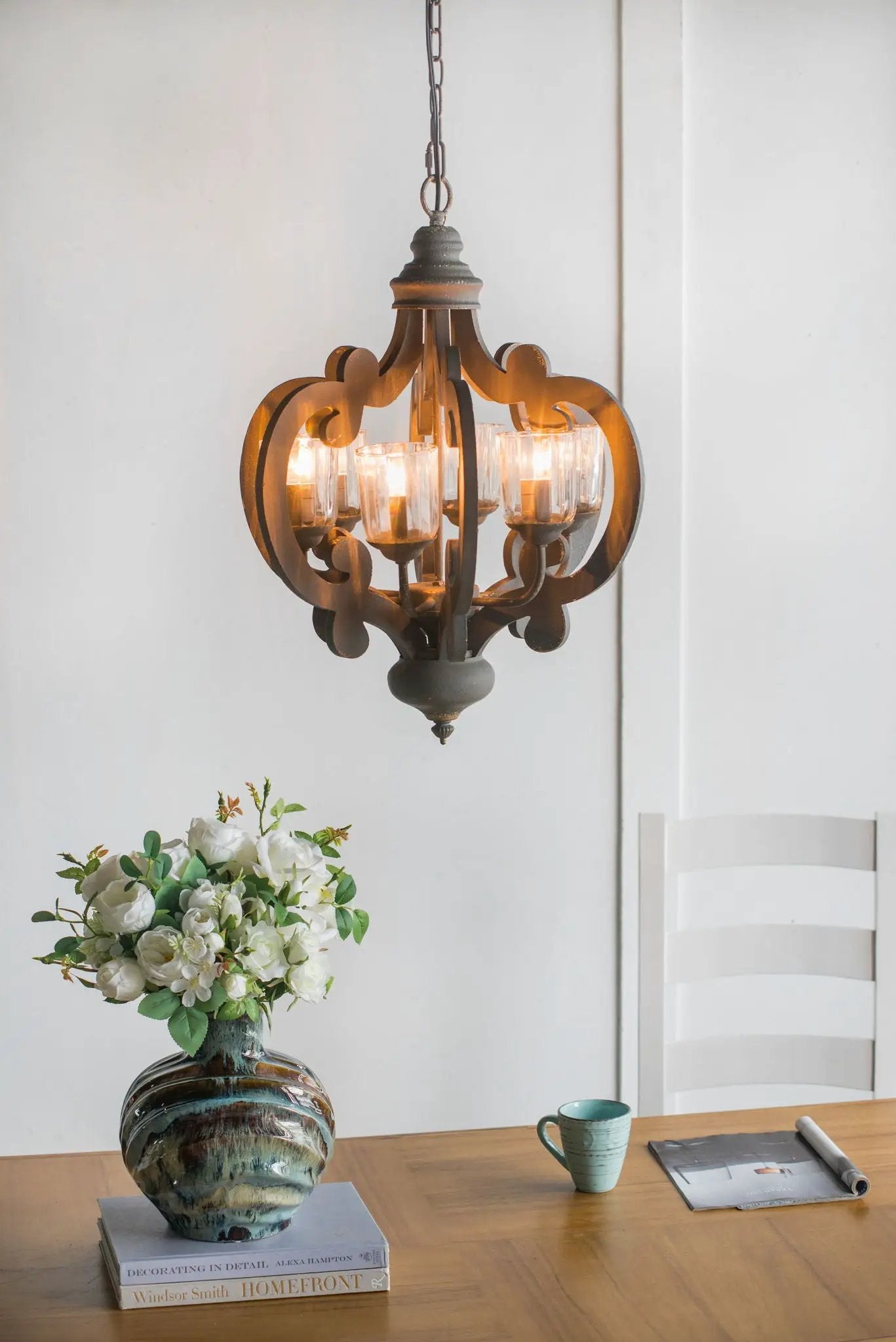 Farmhouse Chandelier, 6 Light Wood Chandelier Pendant Light Fixture With Adjustable Chain For Dining Room Living Room Entryway, Bulb Not Included by Unique Piece Furniture
