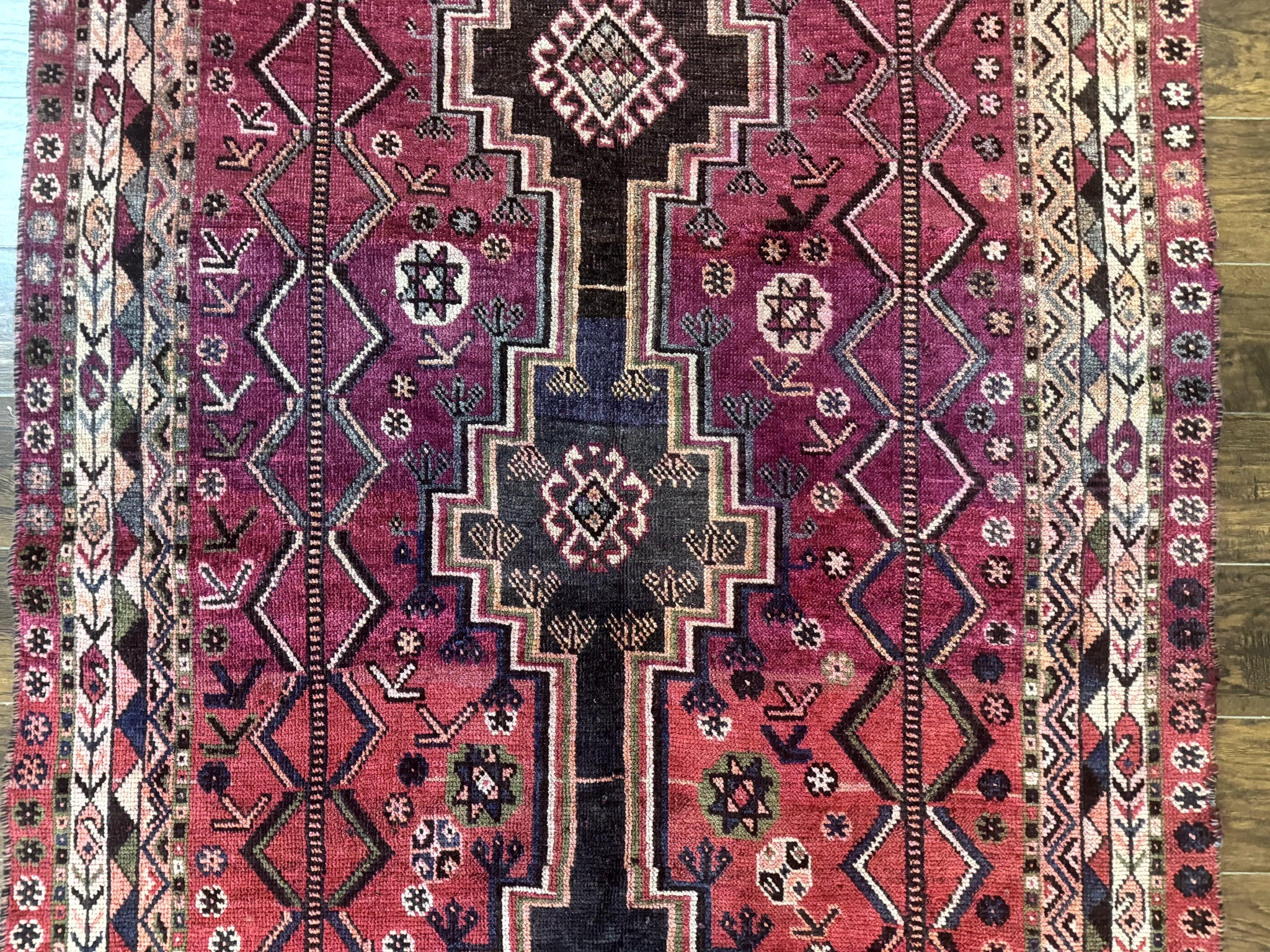 Persian Tribal Shiraz Rug 5x8, Geometric, Raspberry Red and Charcoal, Antique Persian Carpet by Jewel Rugs