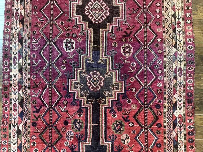 Persian Tribal Shiraz Rug 5x8, Geometric, Raspberry Red and Charcoal, Antique Persian Carpet by Jewel Rugs