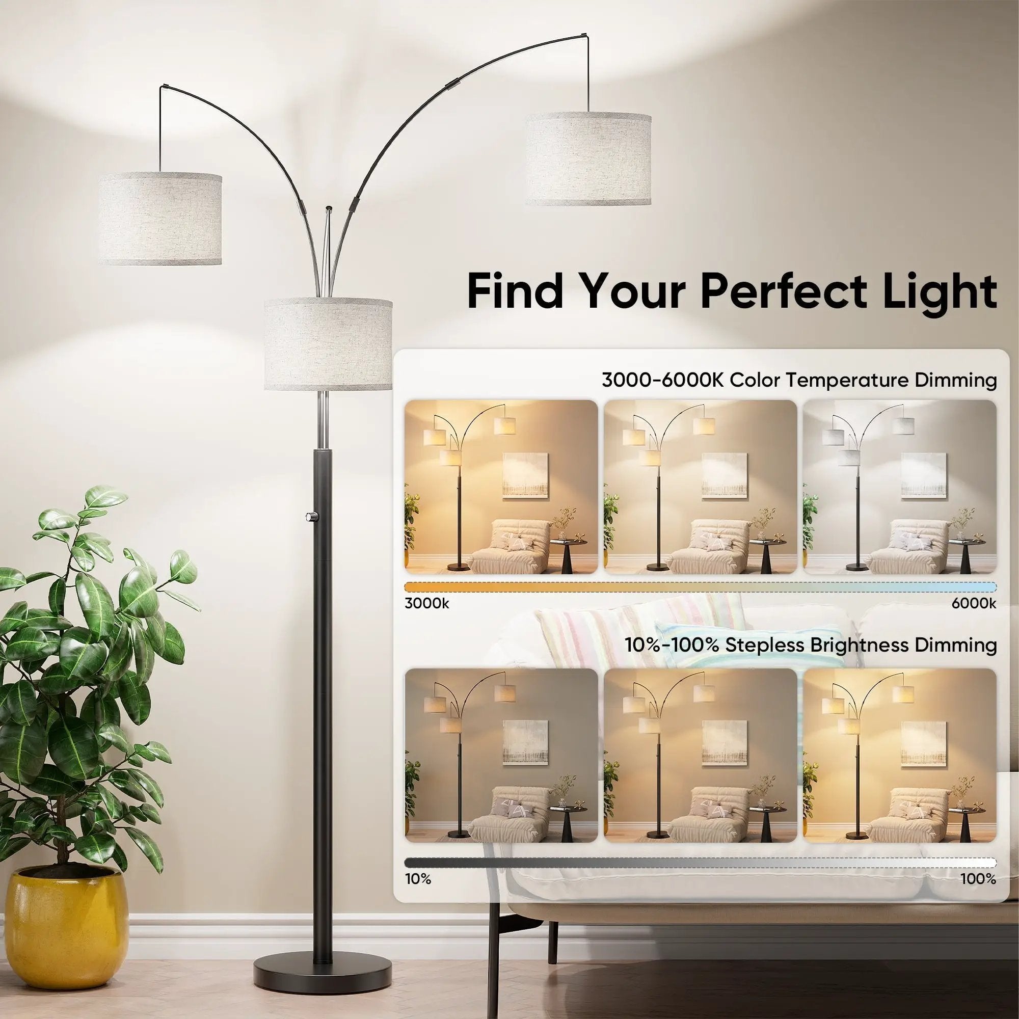 Three-Color Temperature & Dimmable Three-Head Floor Lamp by HouseOfZazla