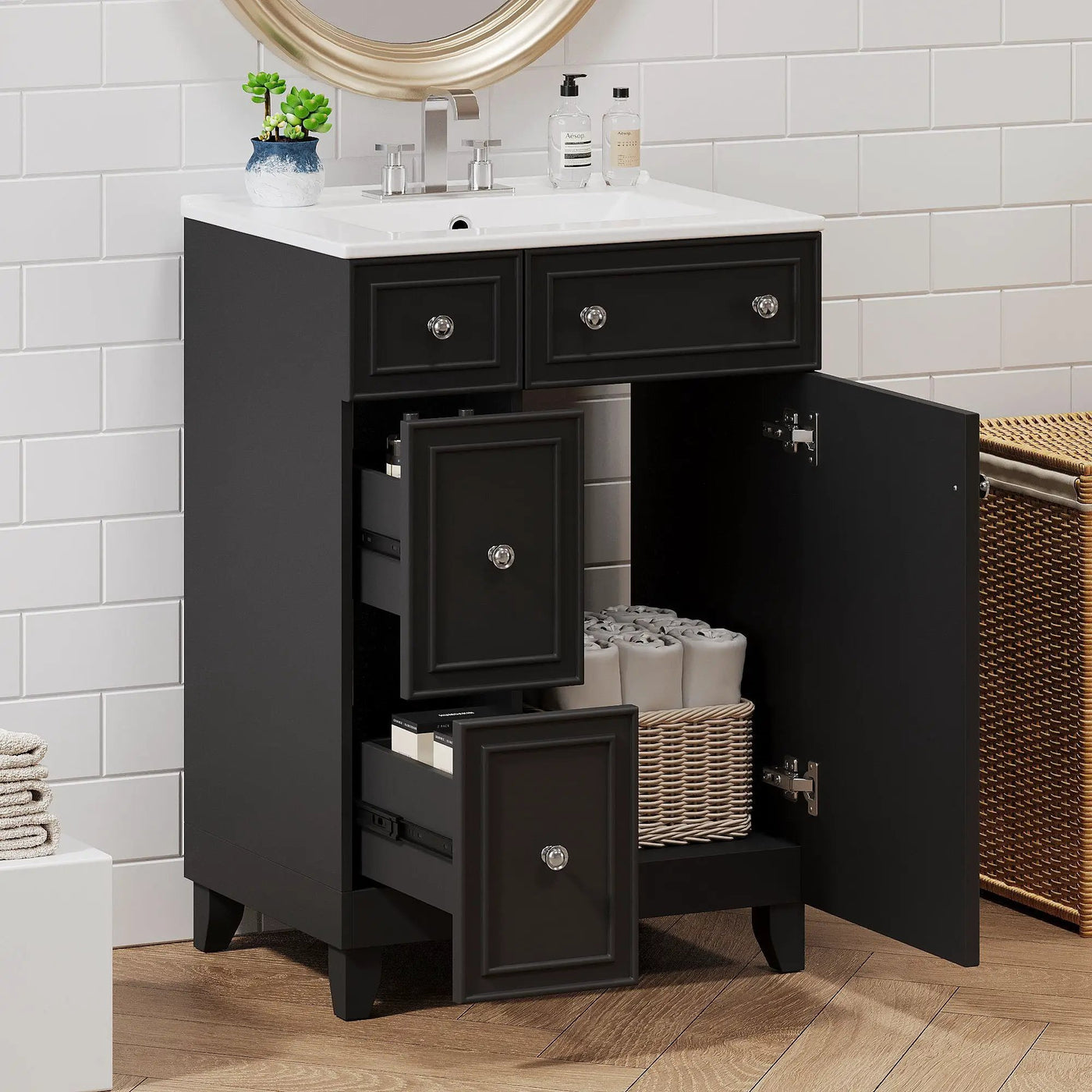 Transitional Style Bathroom Vanity Cabinet With Ceramic Sink by Unique Piece Furniture