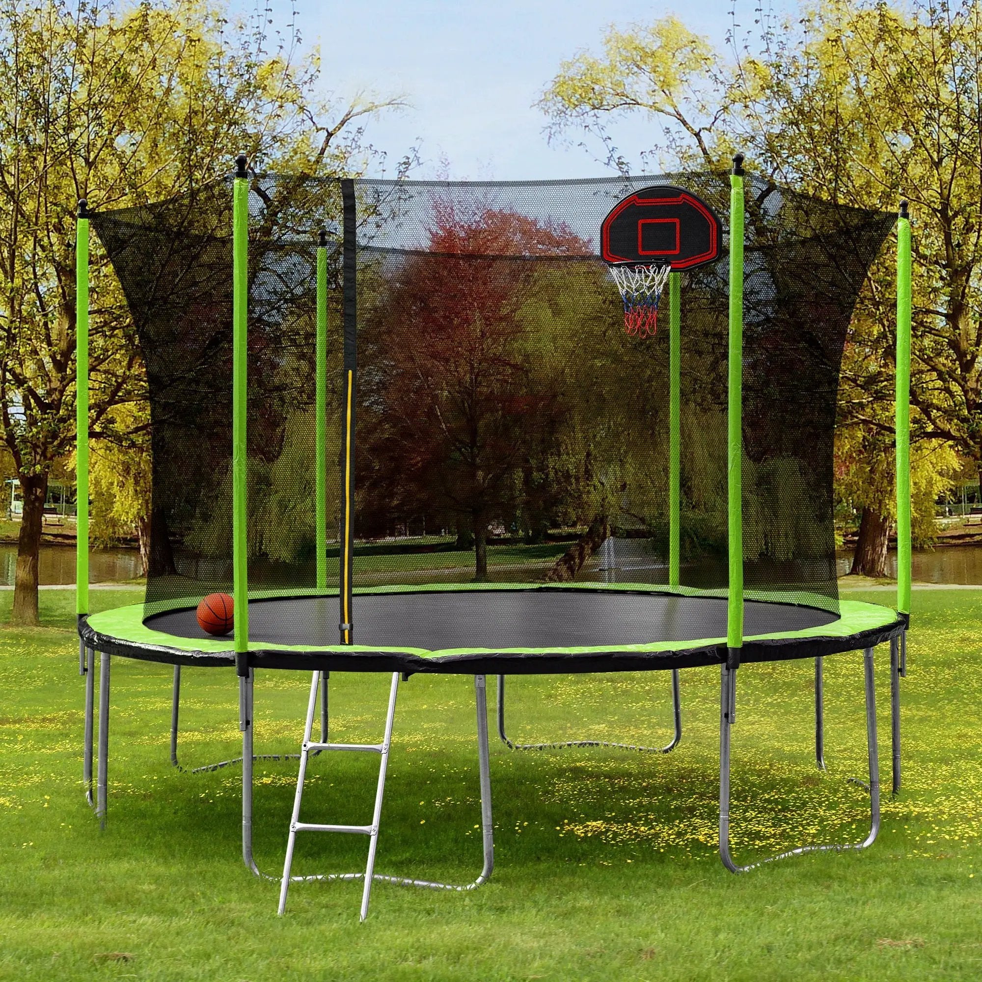 14Ft Trampoline With Basketball Hoop Inflator And Ladder (Inner Safety Enclosure) - Green by HouseOfZazla