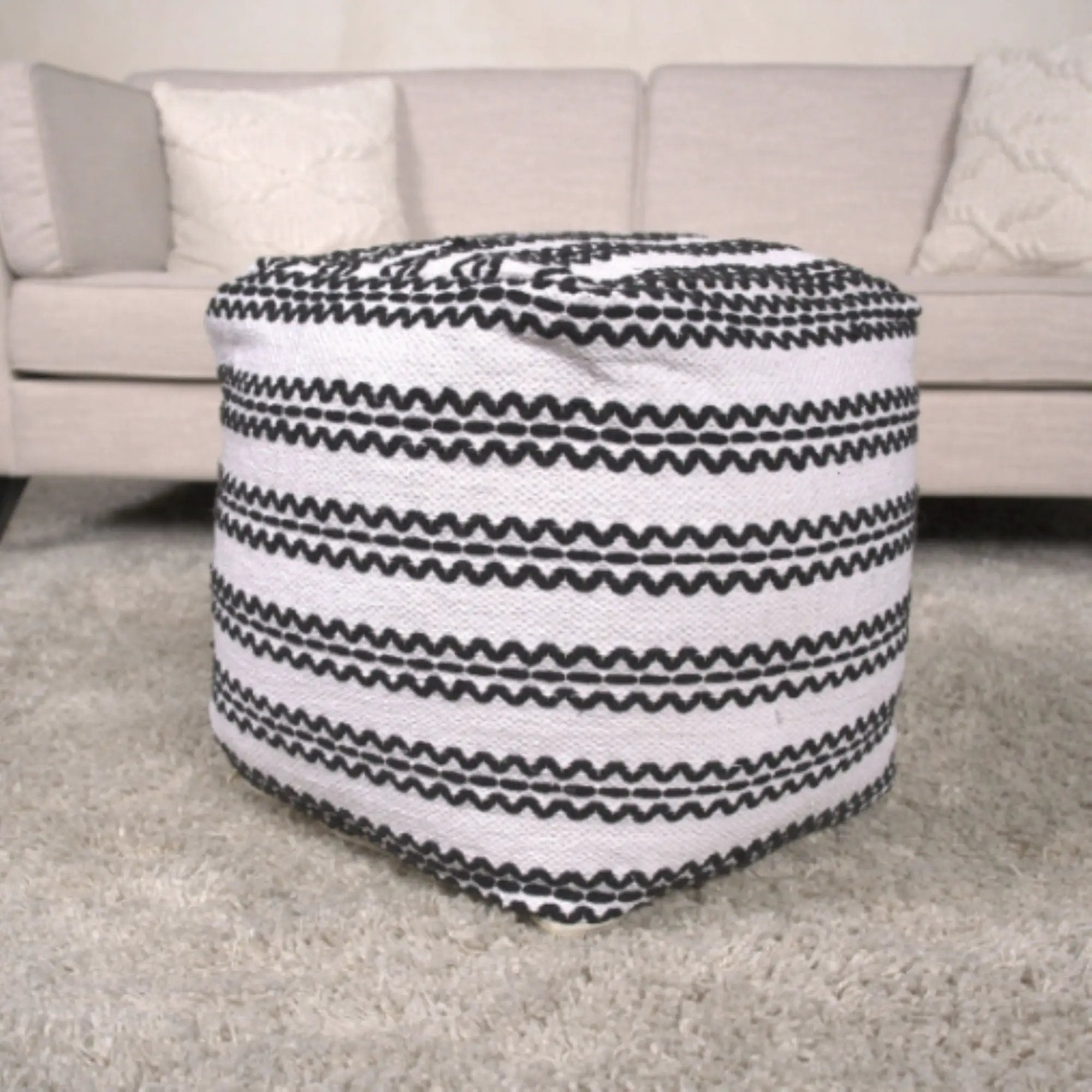 Lani - Handcrafted Fabric Pouf, Durable Cotton Square - Natural / Black by Unique Piece Furniture