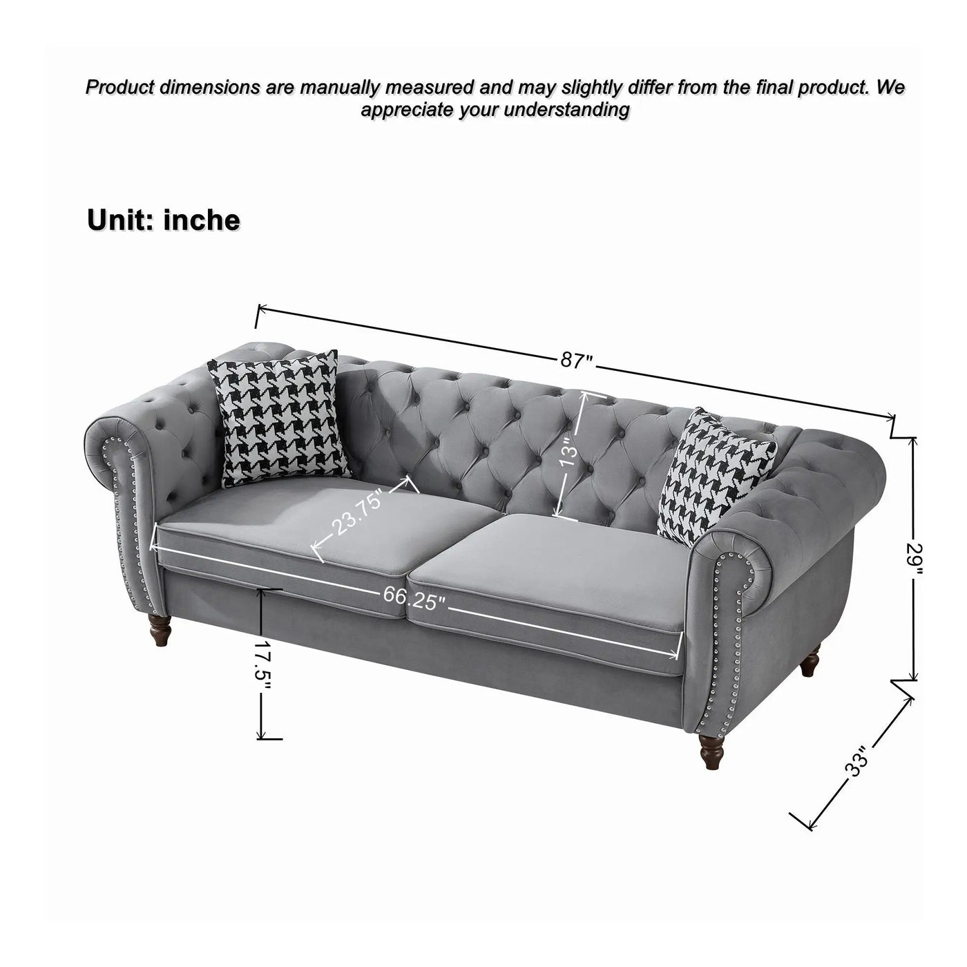 Chesterfield Upholstery Fabric Sofa With Roll Armrest & Nailhead, Mid Century Modern 3 And 3 Seater Couch by Unique Piece Furniture