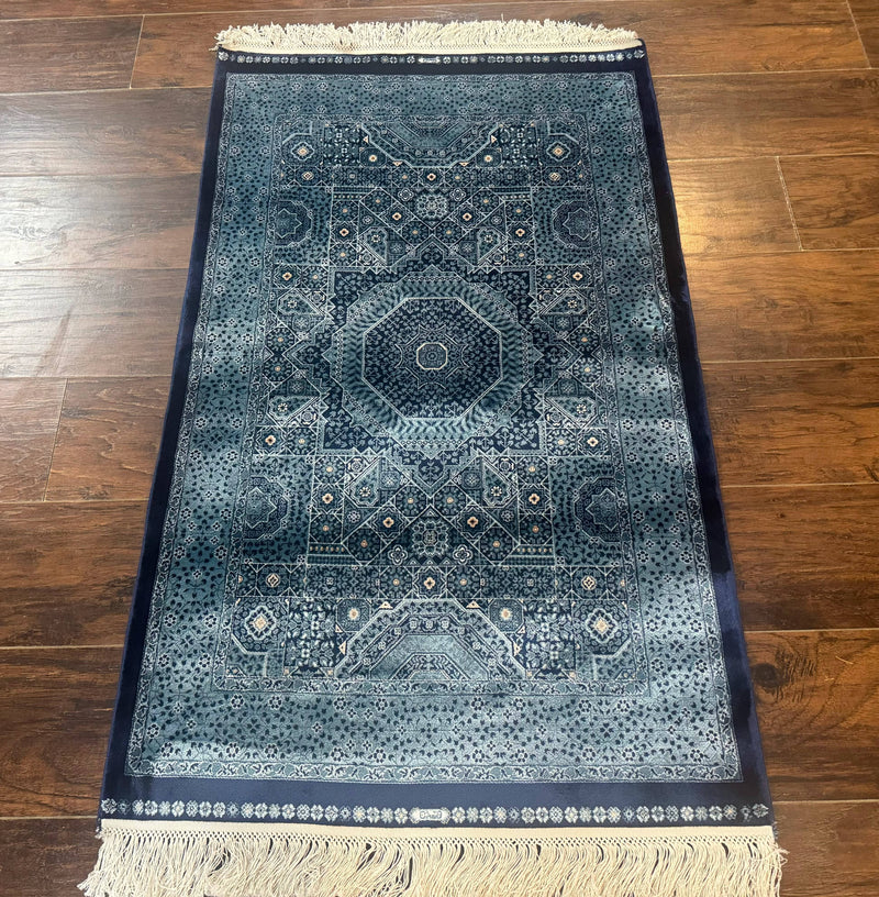Blue Turkish Silk Hereke Rug 2.6 x 4, Mamluk Red, Blue, Bamboo Silk by Jewel Rugs