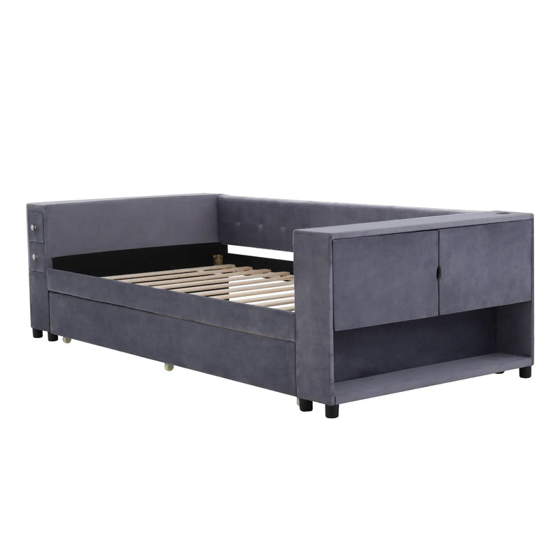 Upholstered Bed With Storage And Twin Trundle, USB Charging Ports by HouseOfZazla