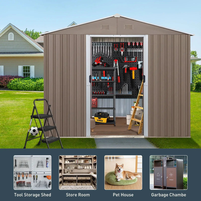 8Ft x 10Ft Outdoor Metal Storage Shed With Metal Floor Base, With Window - Gray by HouseOfZazla