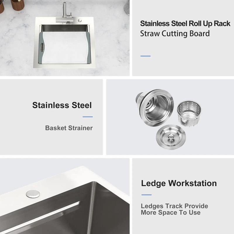 21" Drop In Kitchen Sink With Pull Out Faucet And Sink Cover, 16 Gauge - Brushed Nickel by HouseOfZazla