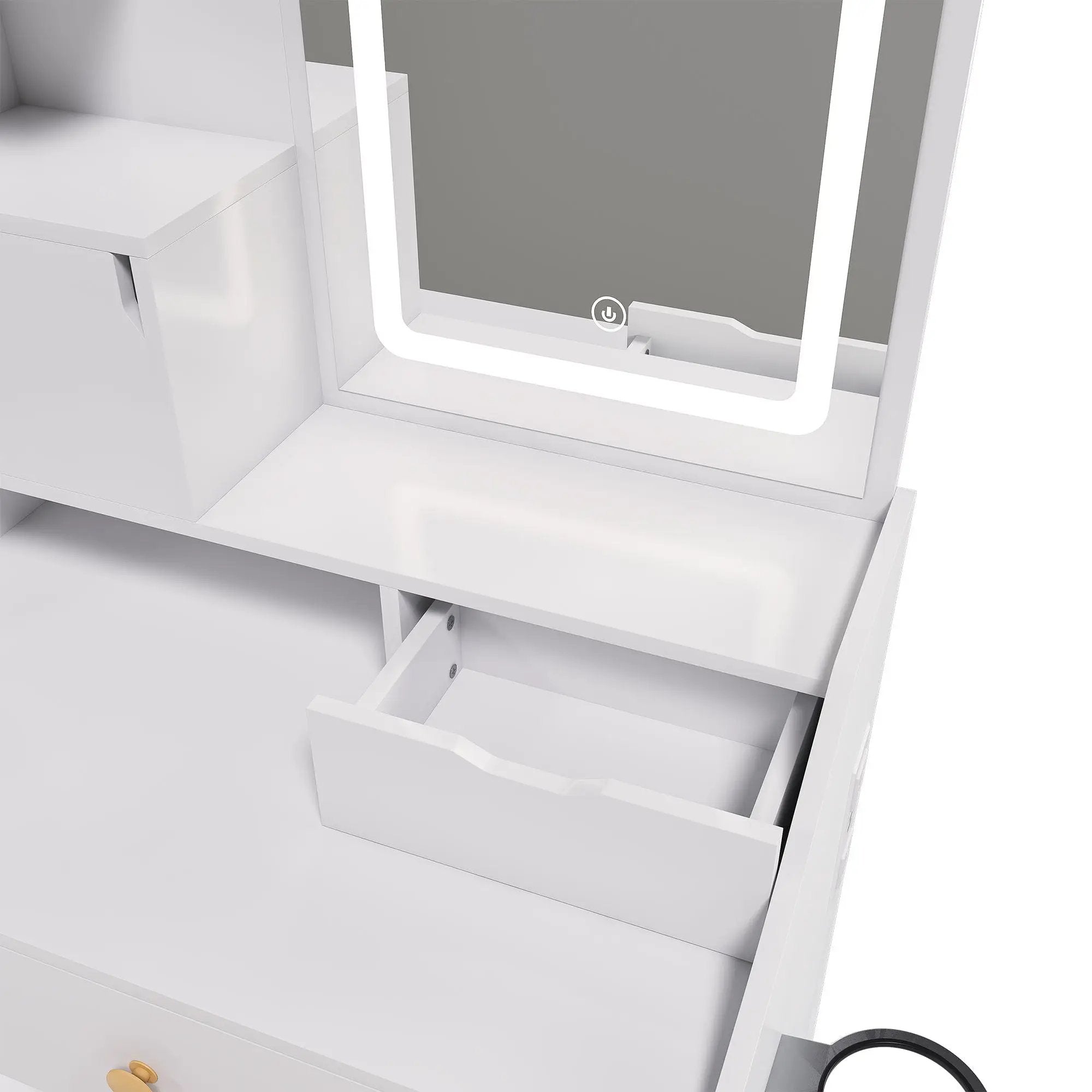3 Color LED Vanity Mirror With Stool, Dressing Table For Bedroom, 2 Drawers & 5 Storage Cabinets (4 Open + 1 Hidden), Adjustable Lighting - White by HouseOfZazla