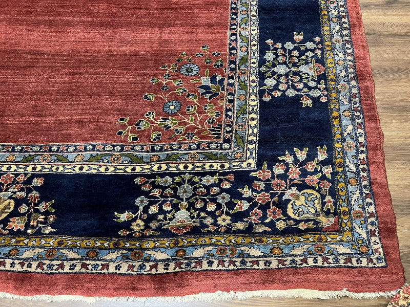 Large Persian Sarouk Rug 10x17, Open Field, Red and Navy Blue, Palace Sized Oversized Hand Knotted Wool Oriental Carpet Flowers Vases Antique 1920s by Jewel Rugs