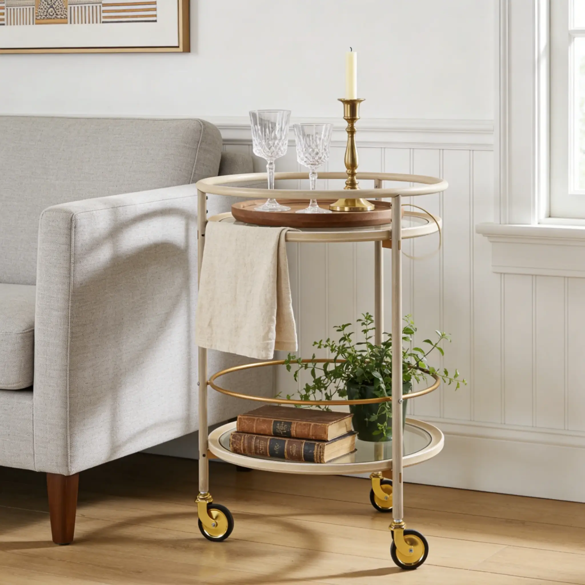 Round Bar Cart with Tempered Glass Shelves and Gold Accents by HouseOfZazla