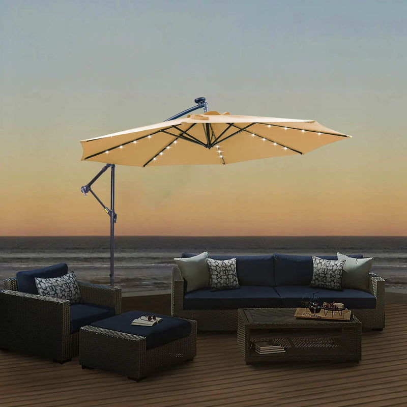 Outdoor Cantilever Patio Umbrella With 32 LED Lights 10 Ft Hanging Design Easy Open Adjustment Metal Frame - Taupe by Unique Piece Furniture