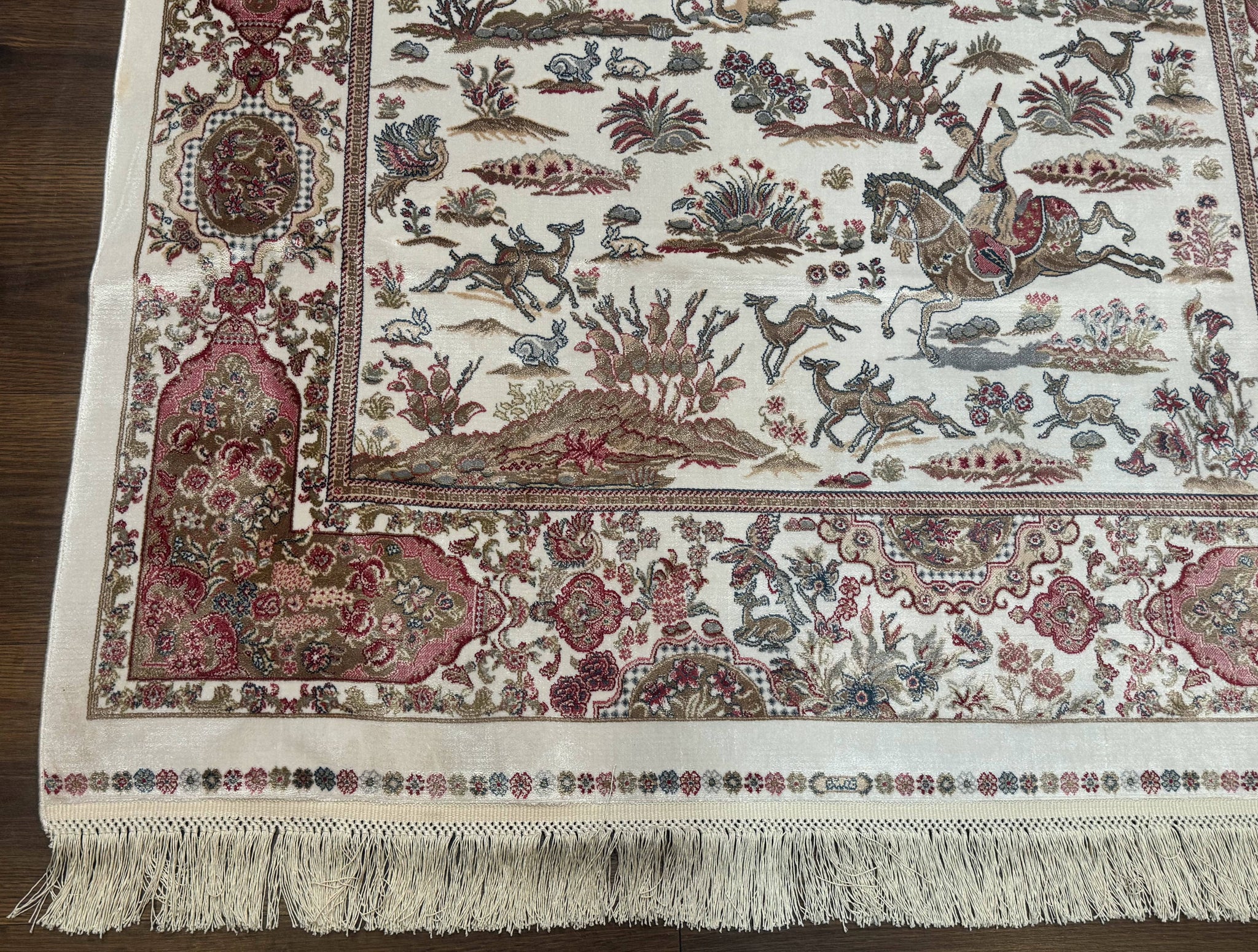 Turkish Silk Hunting Scene Rug 4x6, Ivory, Bamboo Silk, New by Jewel Rugs